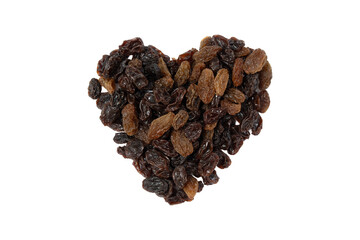 Raisin isolated on white background. Heart shape, Valentine's Day, Top view.