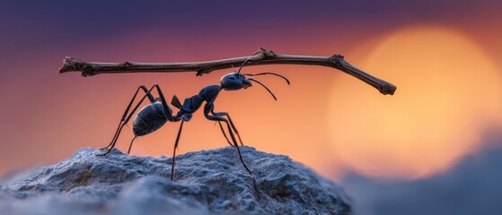 The ant balancing a slender twig while traversing a rocky sunset landscape