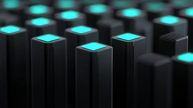 Abstract 3D Render of Futuristic Black Pillars with Glowing Cyan Squares on Top, Technology and Big Data Infrastructure Concept Background for Modern Business and Computing - Powered by Adobe