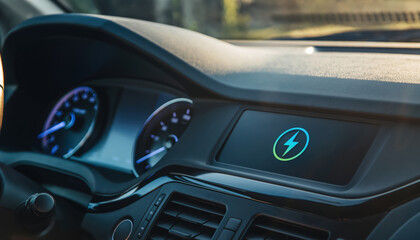 Eco friendly electric car dashboard interior display delivery concept with modern speedometer gauge battery indicator touch screen panel technology transportation design