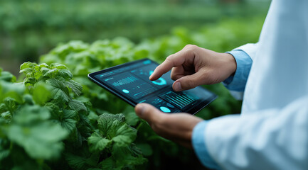 Hands use tablet among green crops, monitoring farm data dashboard.