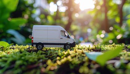 Eco friendly delivery van nature sunlight green leaf forest moss garden plant miniature outdoor concept sustainability