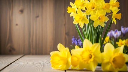 Yellow daffodils and purple flowers on wooden table in springtime  beautiful floral arrangement