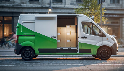 Eco friendly delivery van green white side view cargo street urban city courier service open door box parcel logistics business transport sunlight eco friendly delivery van green white side view