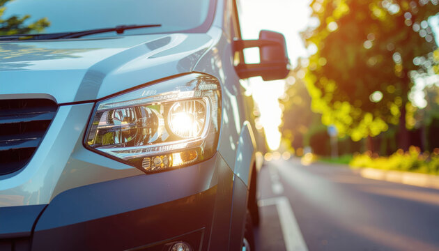 Eco friendly delivery van headlight road transport sun glare urban street commute modern vehicle exterior detail safety travel