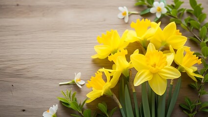 Yellow daffodils and small white flowers on wooden table top view