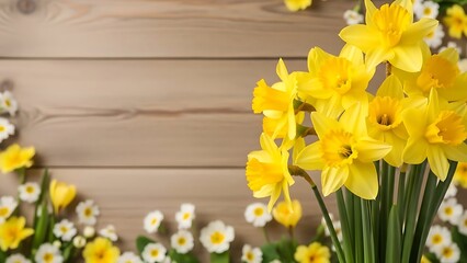 Yellow daffodils and white daisies on a wooden background  spring flowers arrangement