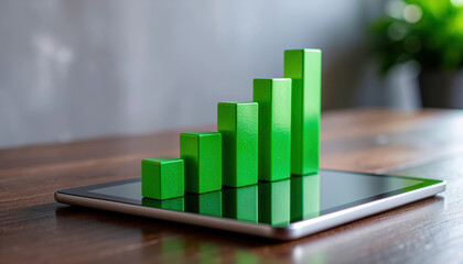 Green bar chart tablet wooden desk economic growth success concept