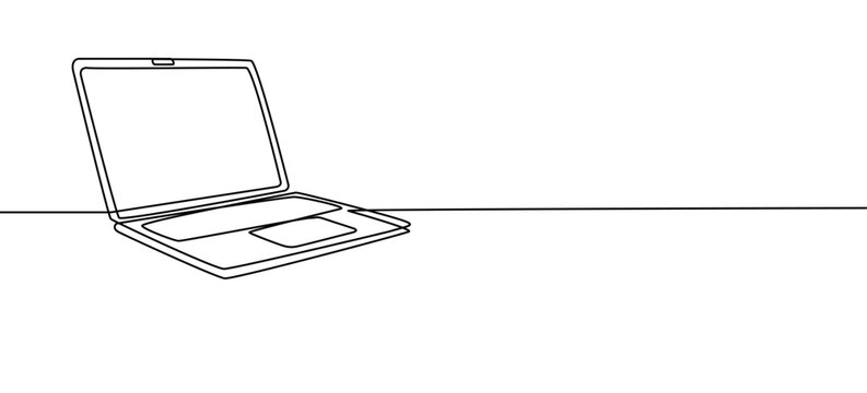 Laptop minimal single continuous one line art on white background for office work, education, learning, programming, online shoping