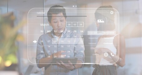 Viewing man button-up and woman beanie checking AR calendar at office, with tablet, delivery icons