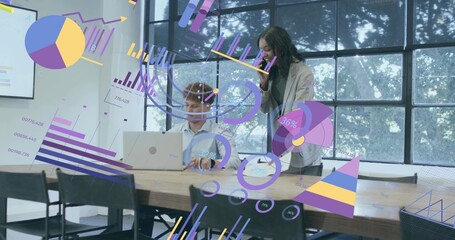 Leaning woman wearing blazer speaking on phone and pointing at laptop, man typing, data overlays