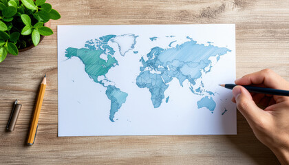 Global trade map sketch hand draws emerging econom trend on paper world map desk pencil study concept
