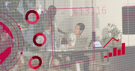 Talking seated woman wearing blazer gesturing at cafe table with laptop, magenta graphics on glass