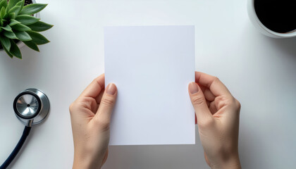 Healthcare access equity hand desk paper stethoscope plant coffee cup