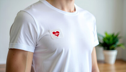 Wearable sensor medical patch heart monitor healthcare equity access technology man adult chest tshirt white wireless device data tracking remote telehealth heartbeat cardiology hospital clinic