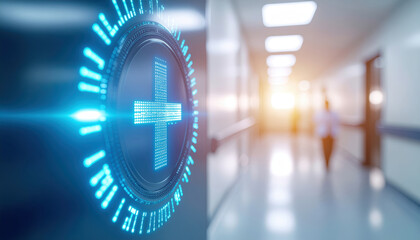 Futuristic healthcare technology interface symbol access equity in bright hospital corridor with glowing digital medical cross and blurred doctor walking toward emergency care support