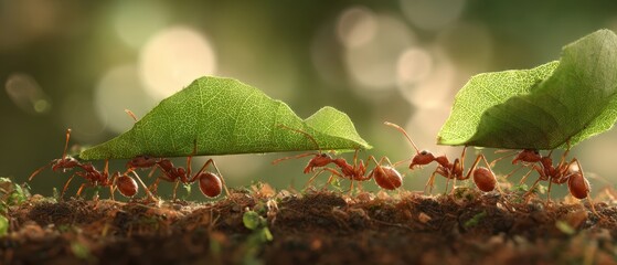 The Leafcutter Ants Carrying Green Leaves Across Forest Floor in Sunlight