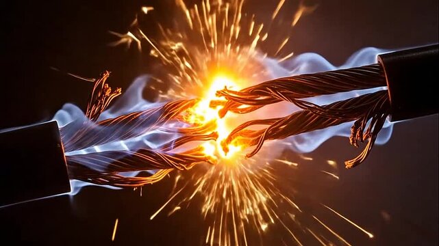 Dangerous electrical short circuit with sparks and flames igniting from exposed wires in a dark environment