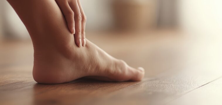 The Foot Resting on a Warm Wood Floor with Gentle Hand Care