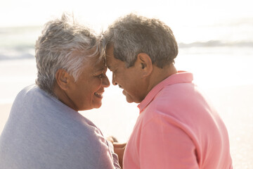 Romantic senior multiracial couple touching foreheads while looking at each other on sunny beach