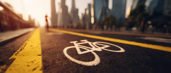The bicycle lane in an urban sunrise with a blurred cyclist and skyline