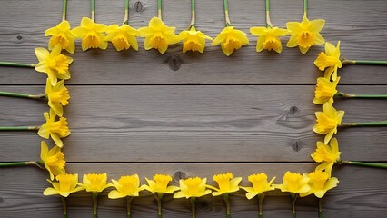 Yellow daffodils arranged in rectangular frame on wooden planks  spring floral decor