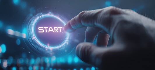 The Hand Pressing a Futuristic Start Button on a Digital Interface