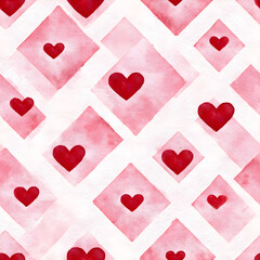 Hand-painted red hearts on soft pink diamond grid in watercolor style for romantic themes