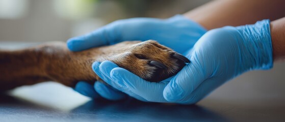 The Dog Paw Held by Gloved Veterinarian Hands During Pet Medical Checkup