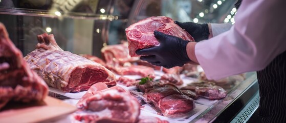 The Meat Display at a Butcher Shop with Gloved Hands Holding Steak