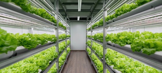 The Lettuce Rows in a High Tech Indoor Vertical Hydroponic Farming Facility