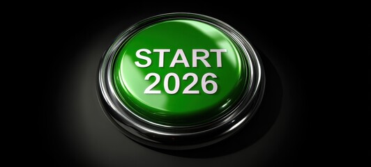 The button labeled START 2026 glowing green on a sleek metallic control panel