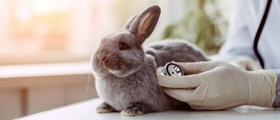 The Rabbit Receiving a Veterinary Checkup with Gloved Hands and Stethoscope