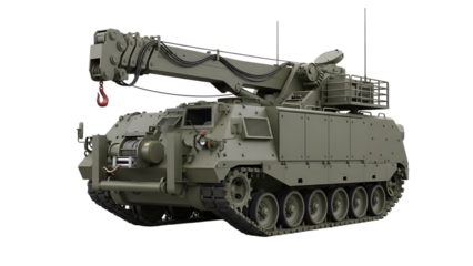 Military armored vehicle with crane and satellite dish on isolated on a transparent background tank