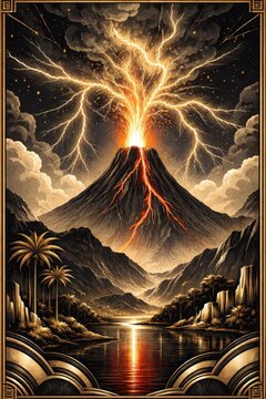 Dramatic volcanic eruption artwork.