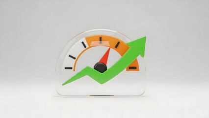 Dynamic 3D illustration showcasing accelerated business growth, high performance, and rapid progress with a speedometer and upward trend arrow symbol, representing successful development