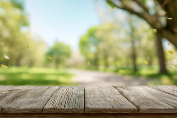 Spring scene with a rustic wooden tabletop. Minimalist product display background.