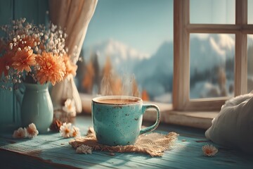 Cozy Winter Morning: Steaming Coffee by a Frosted Window Scene for Print and Inspiration