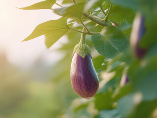 Ripe fresh eggplant growing on a tree in the farm background.