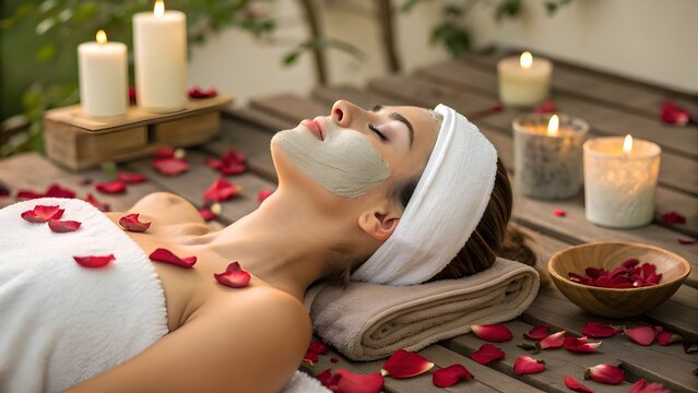 Woman enjoying a relaxing facial spa treatment with rose petals and candles. - Powered by Adobe
