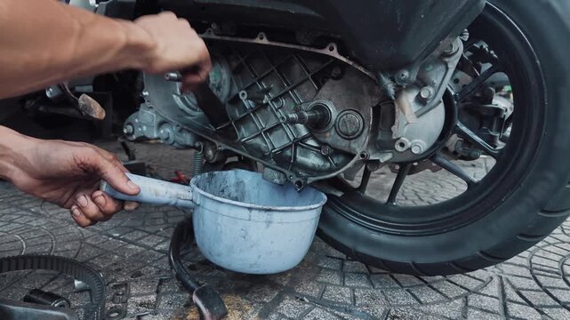 worker performs maintenance at vehicle repair station, man cleanse motorcycle or scooter variator automatic gearbox, mechanic cleaning car gear box 4k