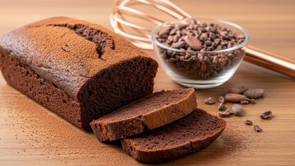 Rich dark chocolate loaf cake with visible crumb, served with cocoa beans and whisk