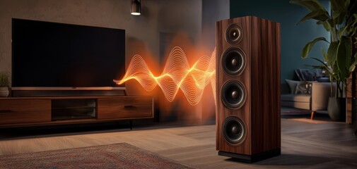 The floorstanding walnut speaker emitting vibrant orange sound waves in modern living room