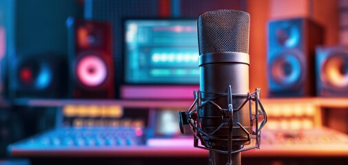 The Microphone in a Vibrant Modern Recording Studio with Mixing Console and Monitors