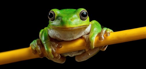 The Green Tree Frog Clinging to a Yellow Branch Against a Black Background