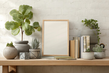 a minimalist home decor shelf arrangement with plants books and blank picture frame