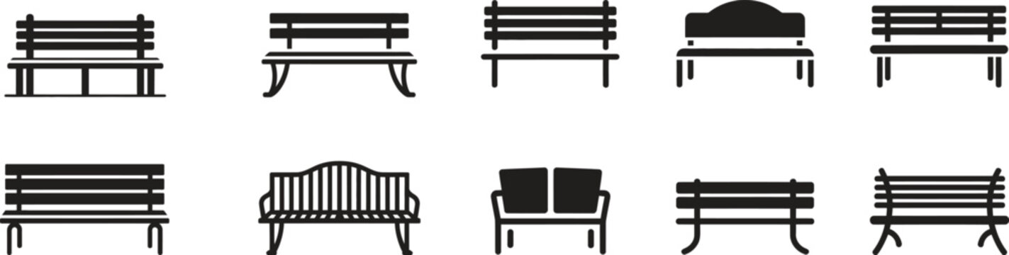 Black silhouette park bench icon set isolated on white background, outdoor furniture vector illustration