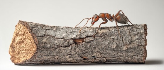 The Ant Crawling Across A Textured Tree Log In A Studio Macro Shot