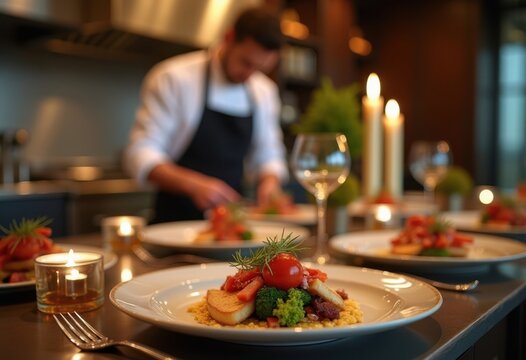 Elegant Private Chef Preparing Gourmet Dishes for Luxurious Billionaire Dinner Party Ambience High-Class Culinary Experience