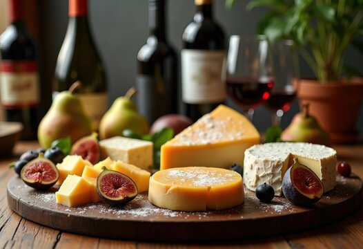 Exclusive Gourmet Cheese Board and Fine Wine Selection on Elegant Wooden Surface